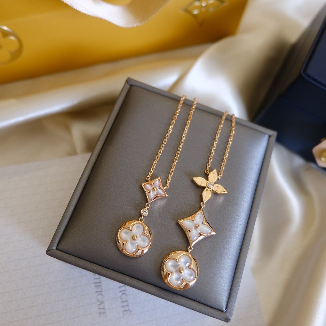 [Elara jewelsry ]COLOR BLOSSOM LARIAT NECKLACE PINK GOLD WHITE MOTHER PEARL AND DIAMOND