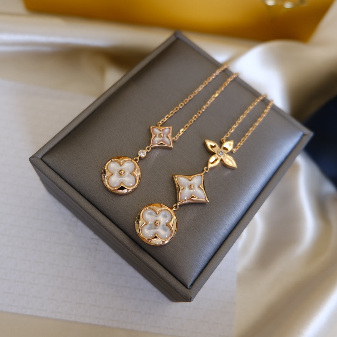 [Elara jewelsry ]COLOR BLOSSOM LARIAT NECKLACE PINK GOLD WHITE MOTHER PEARL AND DIAMOND