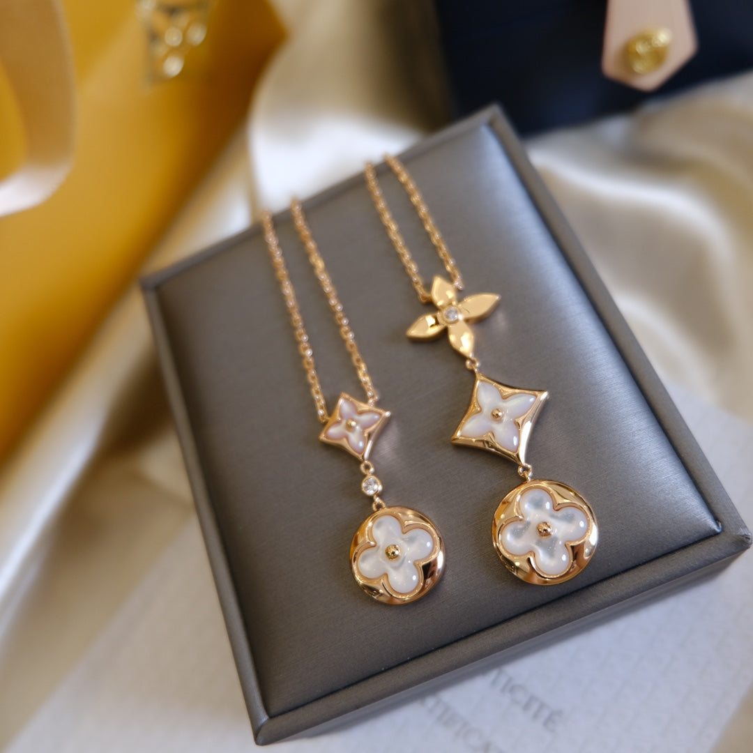 [Elara jewelsry ]COLOR BLOSSOM LARIAT NECKLACE PINK GOLD WHITE MOTHER PEARL AND DIAMOND