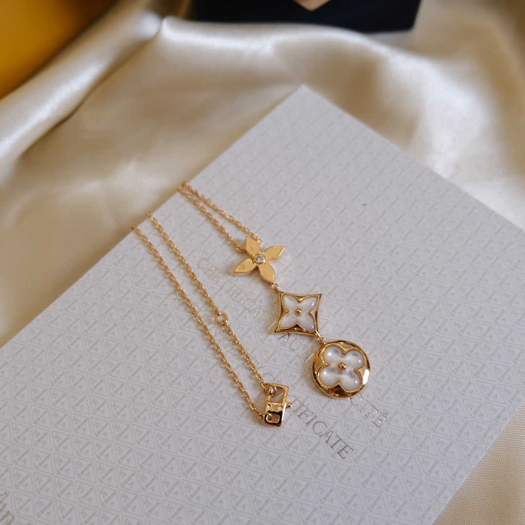 [Elara jewelsry ]COLOR BLOSSOM LARIAT NECKLACE PINK GOLD WHITE MOTHER PEARL AND DIAMOND