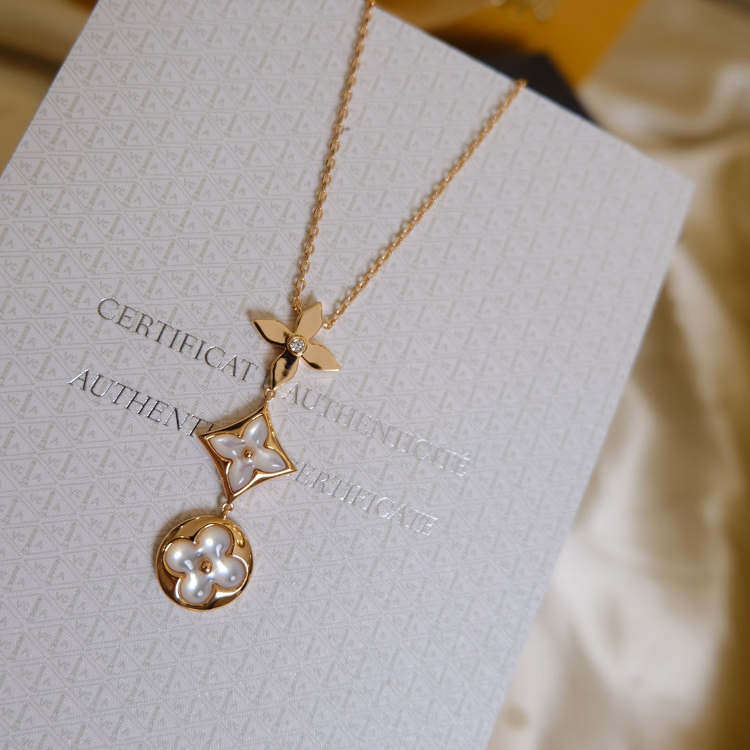 [Elara jewelsry ]COLOR BLOSSOM LARIAT NECKLACE PINK GOLD WHITE MOTHER PEARL AND DIAMOND