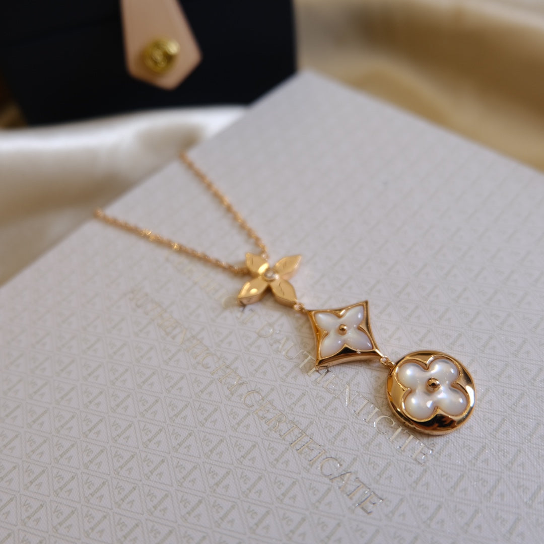[Elara jewelsry ]COLOR BLOSSOM LARIAT NECKLACE PINK GOLD WHITE MOTHER PEARL AND DIAMOND