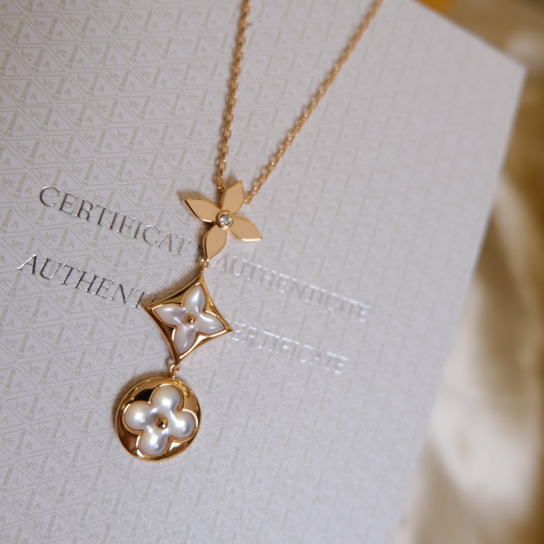 [Elara jewelsry ]COLOR BLOSSOM LARIAT NECKLACE PINK GOLD WHITE MOTHER PEARL AND DIAMOND