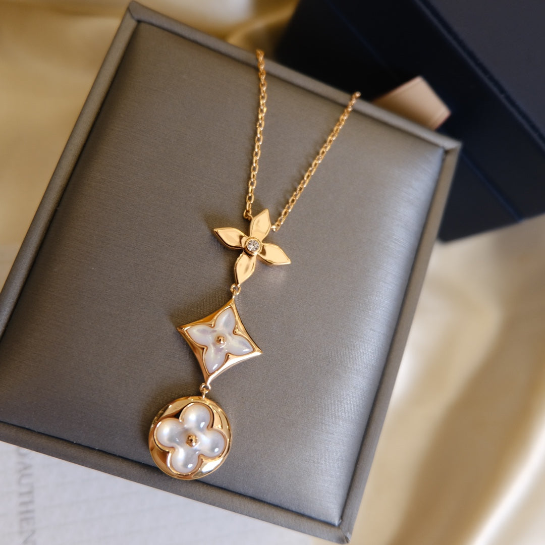 [Elara jewelsry ]COLOR BLOSSOM LARIAT NECKLACE PINK GOLD WHITE MOTHER PEARL AND DIAMOND
