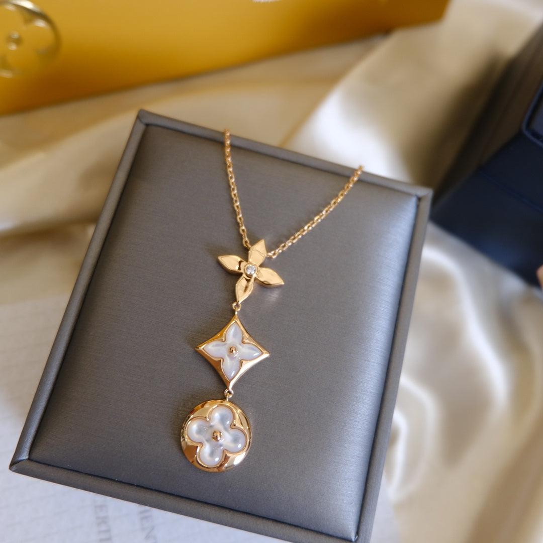 [Elara jewelsry ]COLOR BLOSSOM LARIAT NECKLACE PINK GOLD WHITE MOTHER PEARL AND DIAMOND