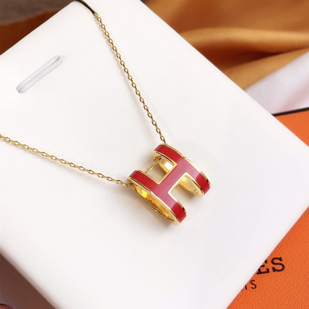 [Elara jewelsry ]HM CLIC RED ENAMEL GOLD NECKLACE