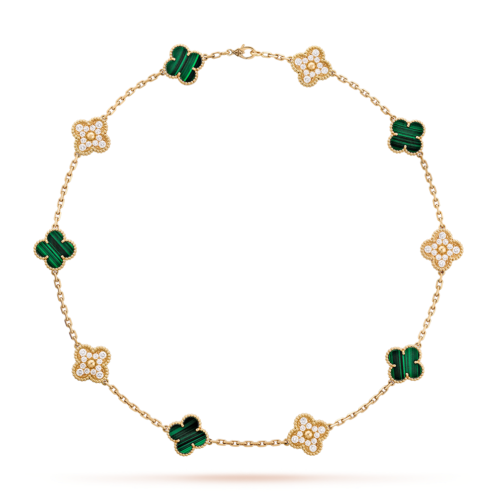 [Elara jewelsry ]CLOVER 10 MOTIFS MALACHITE DIAMOND NECKLACE