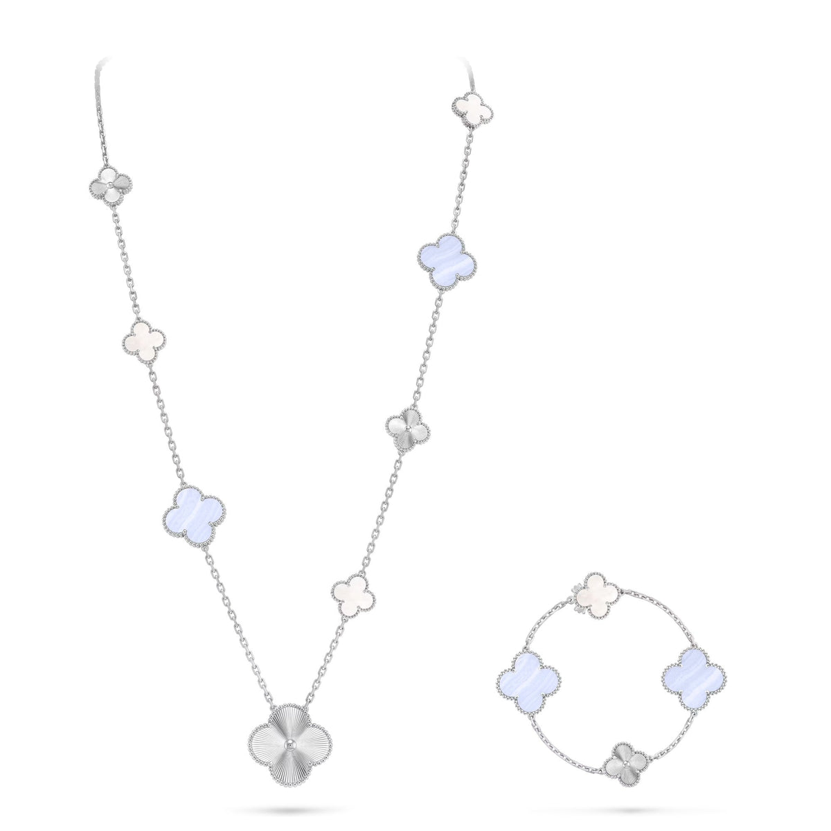 [Elara jewelsry ]DETACHABLE CLOVER 15(11+4) FLOWER SILVER NECKLACE SET