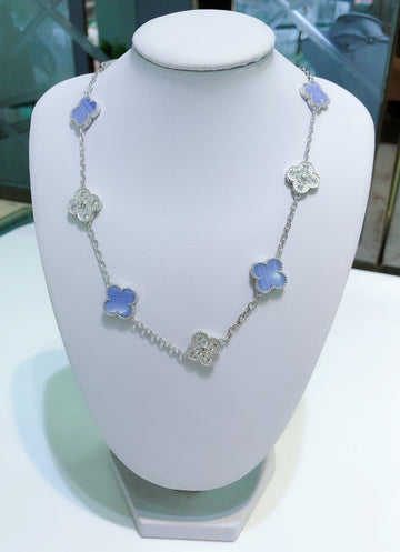 [Elara jewelsry ]CLOVER 10 MOTIFS CHALCEDONY DIAMONDS SILVER NECKLACE